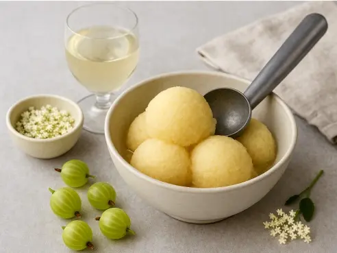 Angreštový sorbet s bezovým sirupem a sauvignonem