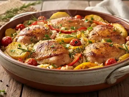 Kuře z jednoho hrnce s brambory, rýží a zeleninou